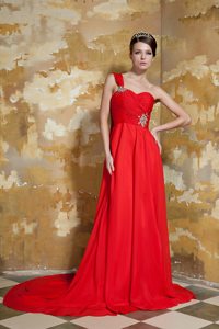 Red One Shoulder Ruches Beaded Dress for Prom Dress Watteau Train