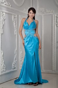 Halter Beaded Prom Formal Dresses with Stomach Cutouts Sweep Train
