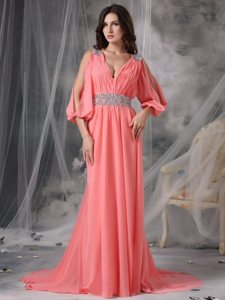 Plunging Neckline Beaded Prom Dresses Open Sleeves Zipper up Back