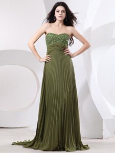 Olive Green Brush Train Prom Holiday Dress with Beading and Pleats