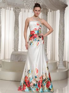 Beaded and Ruched White Prom Holiday Dress with Colorful Printing