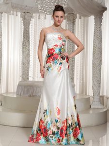 Beaded and Ruched White Prom Holiday Dress with Colorful Printing