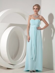 Baby Blue Floor Length Beading Ruches Prom Bridesmaid Dress 2014