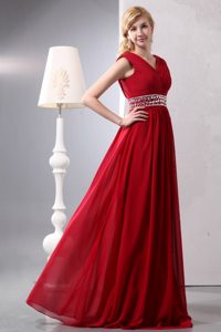 Ruched V-neck Beading Waist Prom Bridesmaid Dresses in Wine Red