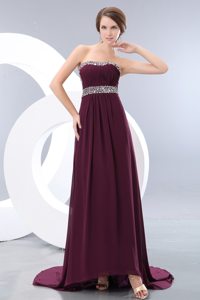 Beaded and Ruched Brush Train Prom Bridesmaid Dress in Dark Purple