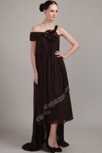 Asymmetrical Chiffon Prom Bridesmaid Dress with Beading and Flower