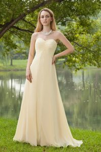 Encinitas CA Ruched Brush Train Prom Maxi Dress in Light Yellow