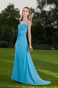 Appliqued One Shoulder Blue Brush Prom Maxi Dress with Ruches