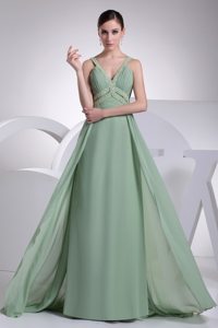 Beaded and Ruched Green V-neck Prom Maxi Dresses in Dublin CA