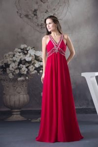 Del Mar CA Beaded Red Long Chiffon Prom Maxi Dress with V-neck