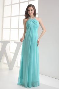 Beaded and Ruched Empire Halter Prom Maxi Dress in Aqua Blue 2014