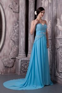 Aqua Blue Chiffon Brush Train Prom Party Dress with Beading 2014