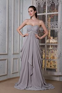 Beaded and Ruched Gray Chiffon Prom Party Dress with Brush Train