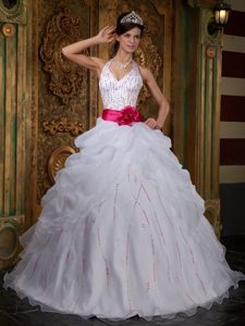 Halter Beaded White Dress for Quince with Handmade Flower