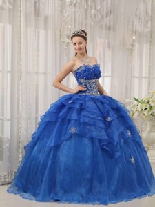 Appliqued and Ruffled Blue Organza Quinceanera Dress Floor Length
