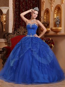 Appliqued and Sequined Blue Organza Sweetheart Quinceanera Dress