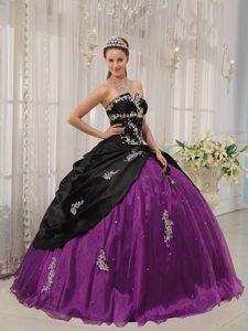 Black and Purple V-neck Organza Quinceanera Gown with Appliques