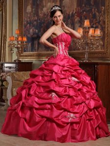 Appliqued Quinceanera Gown with Pick ups of Coral Red Taffeta