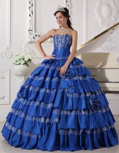 Ruffled Layers and Embroidery Accent Blue Taffeta Quince Dress