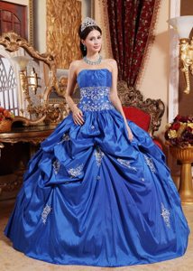Appliqued Blue Strapless Quinces Dresses with Lace-up Back 2014