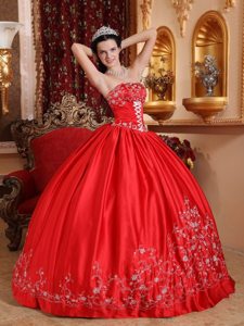 Beaded and Embroidered Red Strapless Quinces Dresses with Bow