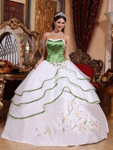Spring Green and White Organza Quinces Dresses with Embroidery