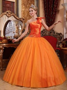 Bowknot Accent One Shoulder Orange Sweet Sixteen Quinceanera Dress