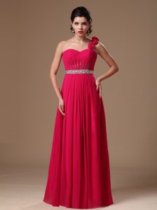Coral Red One Shoulder Beaded Flowers Formal Evening Prom Dress