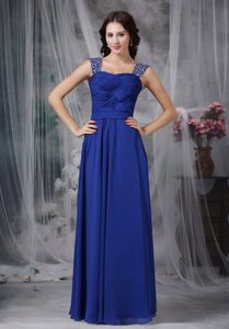 Royal Blue Ruched Chiffon Prom Evening Dress with Beading Straps