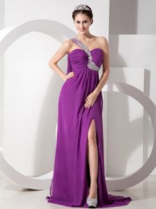 Purple Beading One Shoulder Ruched Chiffon Prom Homecoming Dress