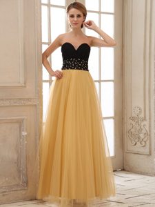 Gold and Black Beading Tulle Ruched Prom Graduation Dresses