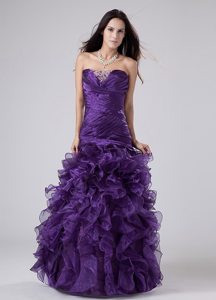 Ruffles Beading Ruched Purple Organza Prom Graduation Dresses