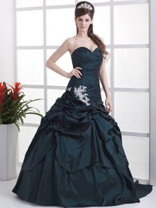 Appliques Ruched Navy Blue Pick-ups Prom Dama Dress for Quinceanera