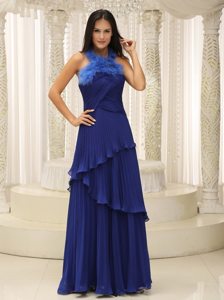 Feather Halter Pleated Royal Blue Chiffon Prom Graduation Dresses