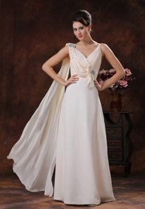 Champagne Beading V-neck Watteau Train Prom Party Dress