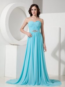 Empire Sweetheart Aqua Blue Beading Brush Train Prom Gowns
