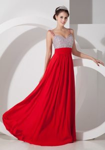 Beaded and Ruched Red Empire Straps Prom Court Dresses