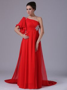 Butterfly Sleeve One Shoulder Red Prom Dress with Beading Appliques