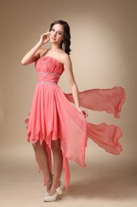 Pleated Strapless Asymmetrical Chiffon Beading Junior Prom Dress in Watermelon