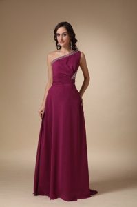 Column Beading One Shoulder Fuchsia Prom Party Dress