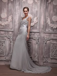 Empire V-neck Gray Brush Train Beading Prom Evening Dress