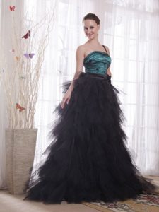 Black and Peacock Green Princess One Shoulder Ruffled Grad Dresses