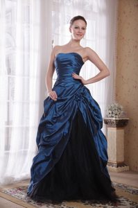 A-Line Strapless Blue Brush Train Hand Made Flowers Prom Dress