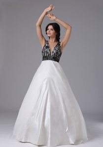 V-neck A-line Black and White Prom Dress in Aurora with Lace