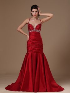 Mermaid Beaded Straps Wine Red Sweep Train Prom Celebrity Gowns