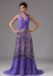 Purple Halter Ruched Print Pattern Prom Bridesmaid Dress