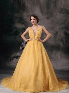V-neck Beading Brush Train Yellow Dresses For Prom Princess