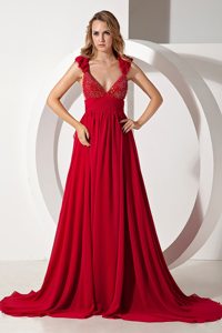 A-line Straps Red V-neck Brush Train Sequins Prom Dresses