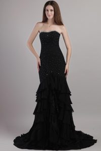 Layered Trumpet Sweetheart Court Train Beading Prom Dress in Black
