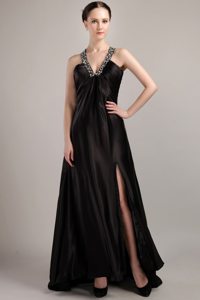 Black Empire Beading V-neck Sweep / Brush Prom Dresses